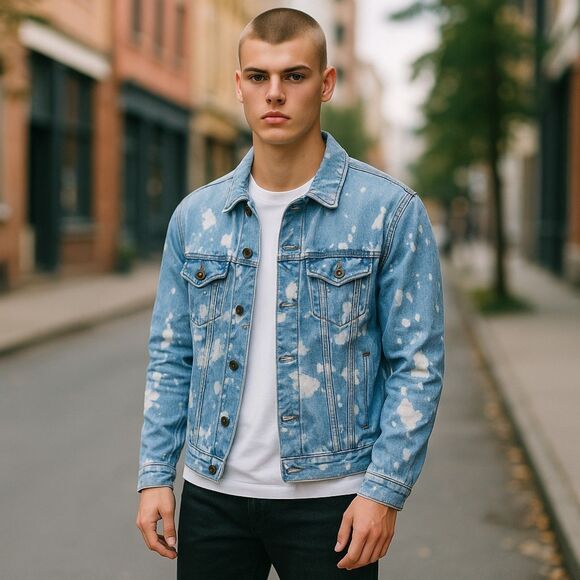 Carbon size Small S unisex denim jean jacket blue bleached distressed - Picture 1 of 11